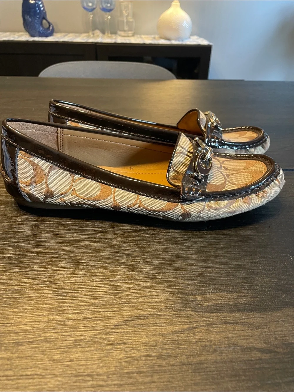 Coach Tan & Brown Signature Canvas Loafers with Metal Bit